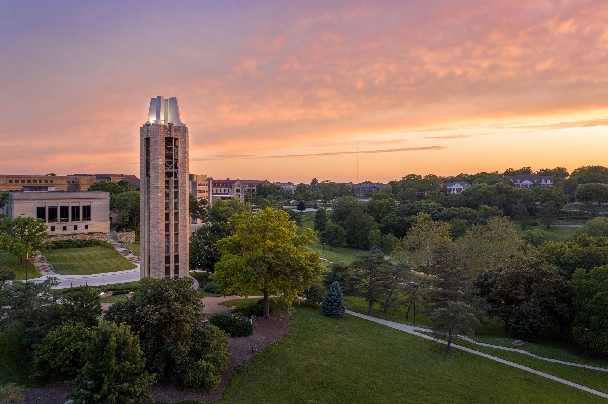 Sunset view over campus buildings