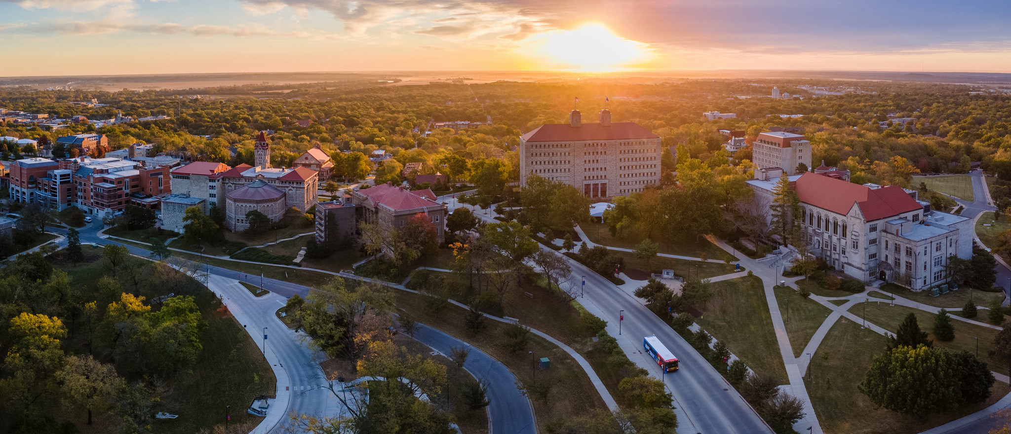 Sunrise over an aerial view of campus